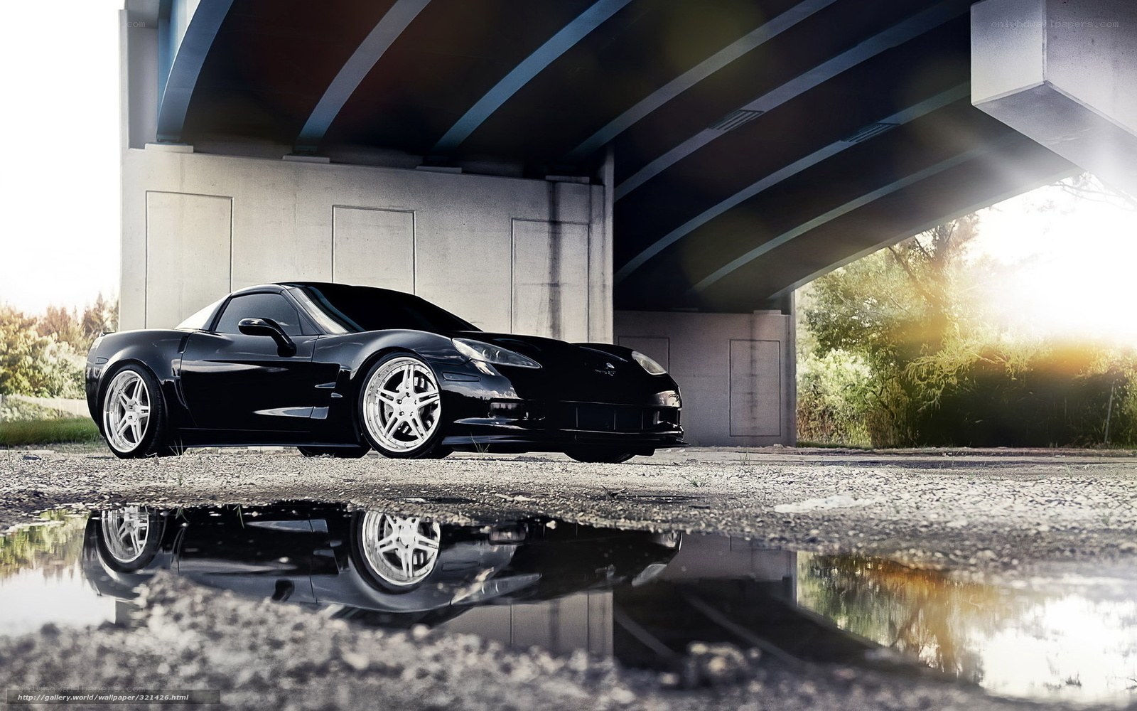 Black Corvette under bridge