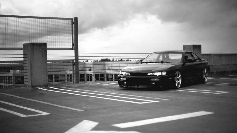 Black Coupe Car — Dramatic, Photograph, Parking Garage