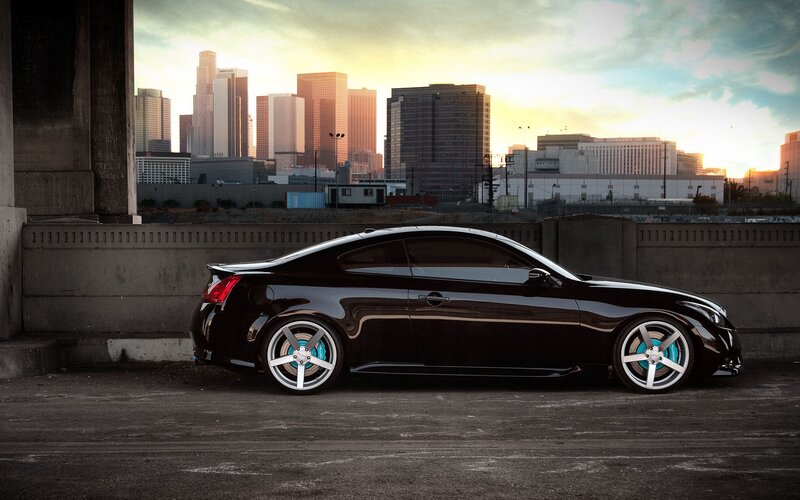 Black Coupe Car — Dramatic, Sunset, Photograph, City Skyline