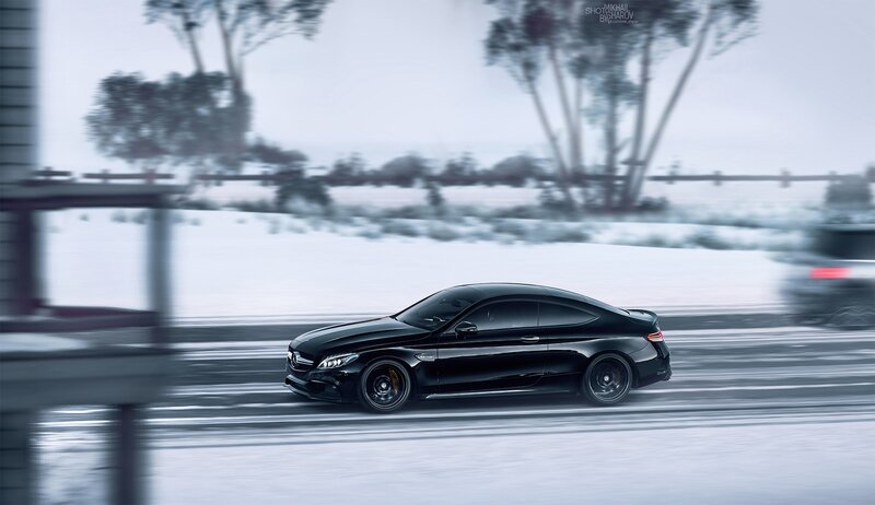 Black Coupe Car — Dynamic, Winter, Photograph, Snow