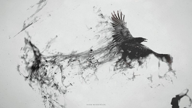 Black Crow in Flight — Dramatic, Digital Art, Smoke