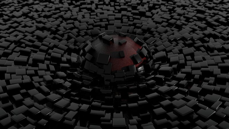 Black Cubes Surrounding Red Sphere — Dramatic