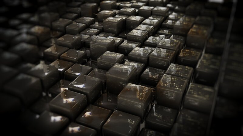 Black Cubes with City Reflections