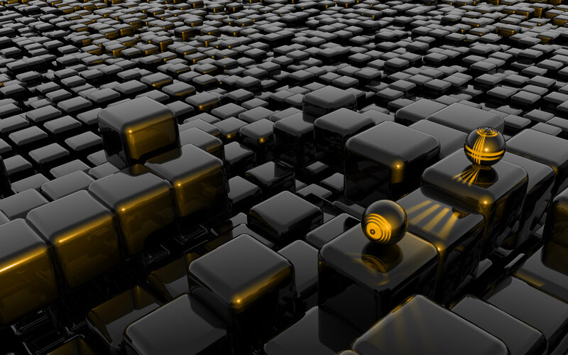 black cubes with golden spheres