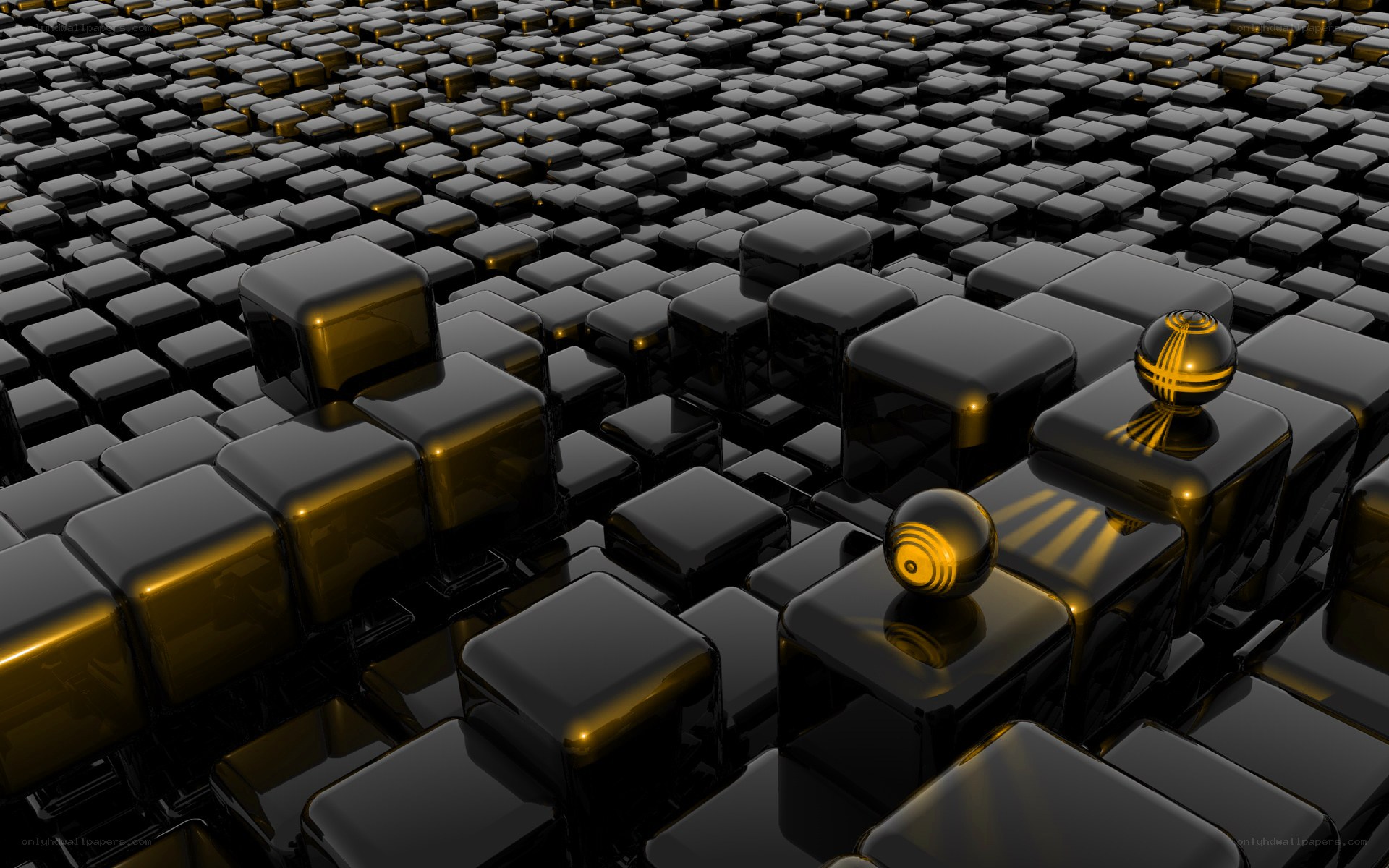 black cubes with golden spheres