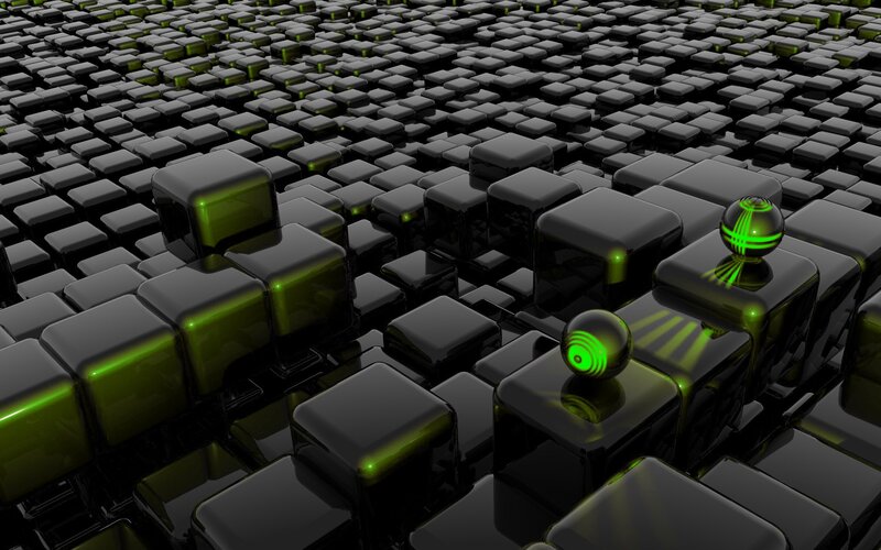 black cubes with green lights