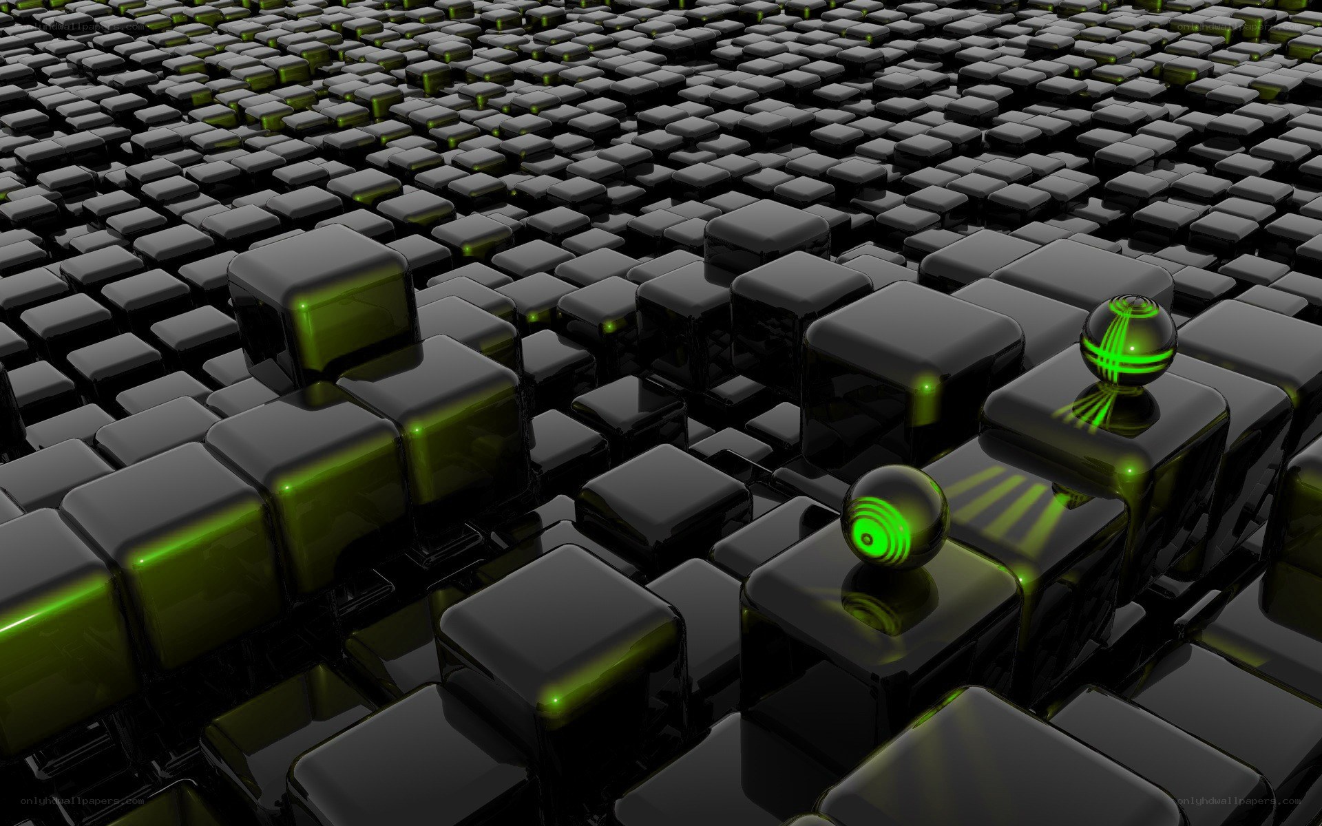 black cubes with green lights