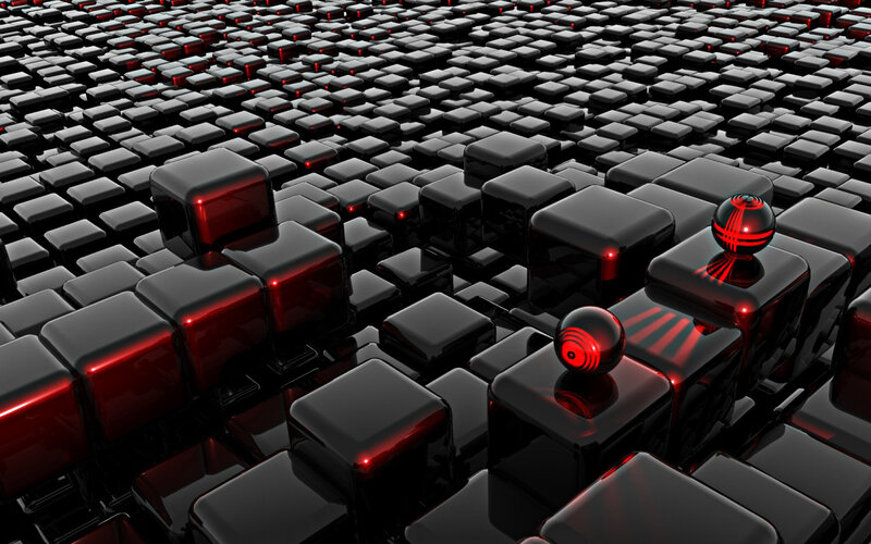 black cubes with red spheres