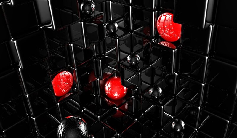 black cubes with red spheres