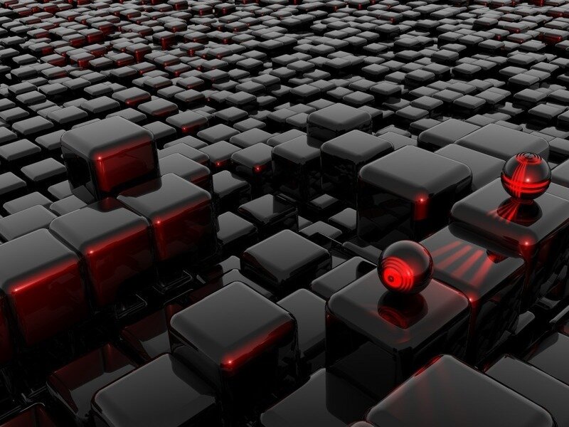 Black Cubes with Red Spheres — Dark, 3d Render, Red Lights, Grid
