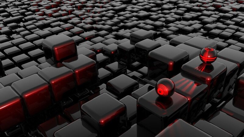 Black Cubes with Red Spheres — Dark, 3d Render, Red Lights
