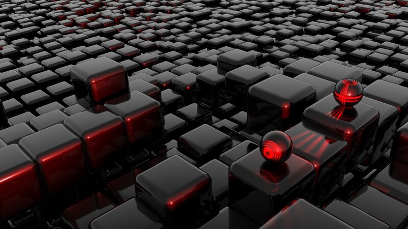 Black Cubes with Red Spheres — Dark, 3d Render