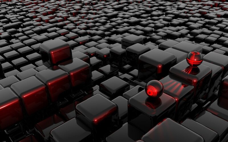 Black Cubes with Red Spheres — Dark, Red Light