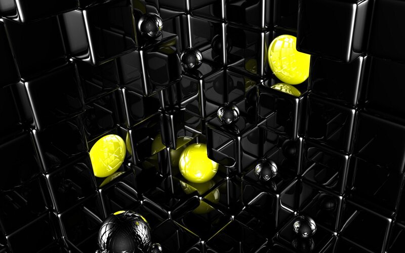 black cubes with yellow spheres