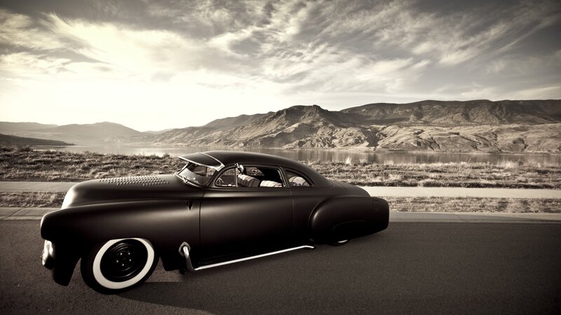 Black Custom Car — Dramatic, Sunset, Photograph, Mountains, Lake