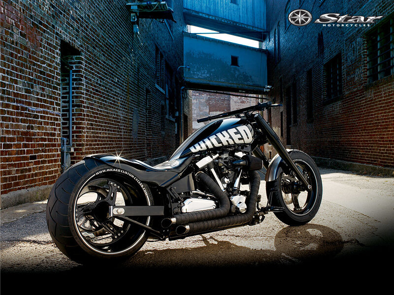 Black Custom Chopper Motorcycle — Dramatic, Photograph