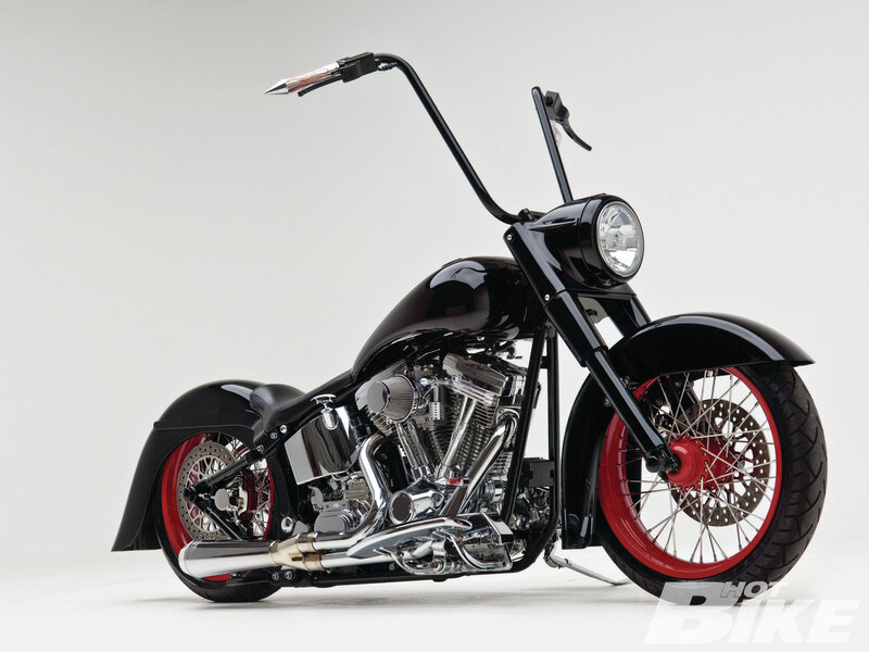 Black Custom Chopper Motorcycle — Neutral, Photograph, Red Wheels