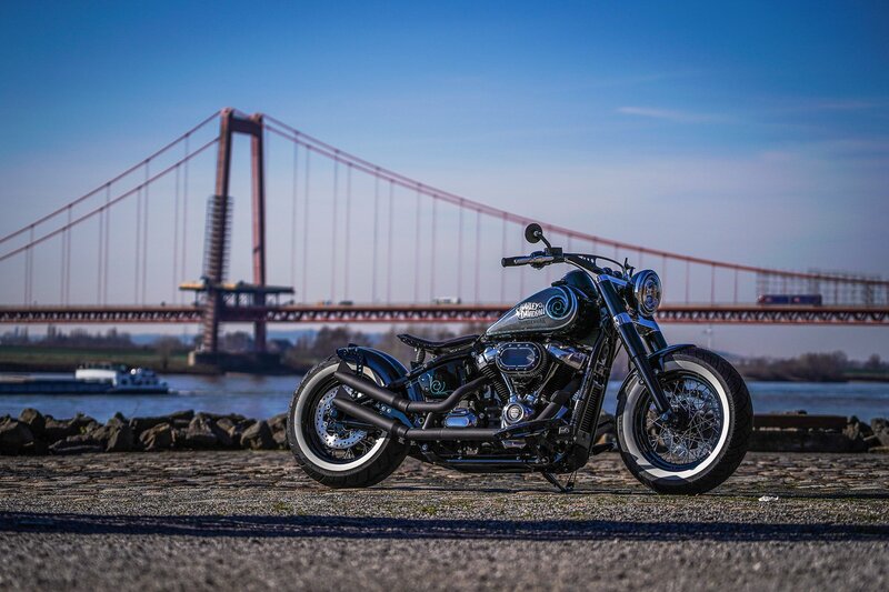 Black Custom Motorcycle — Dramatic, Afternoon, Photograph, Bridge