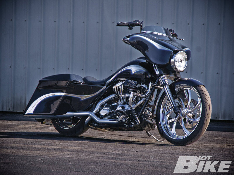 Black Custom Motorcycle — Dramatic, Afternoon, Photograph, Saddlebags
