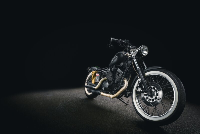 Black Custom Motorcycle — Dramatic, Night, Photograph, Headlight