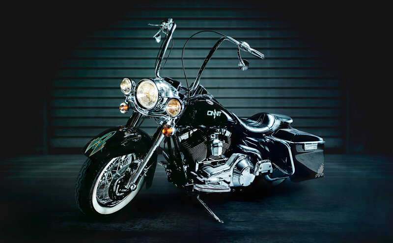 Black Custom Motorcycle — Dramatic, Night, Photograph