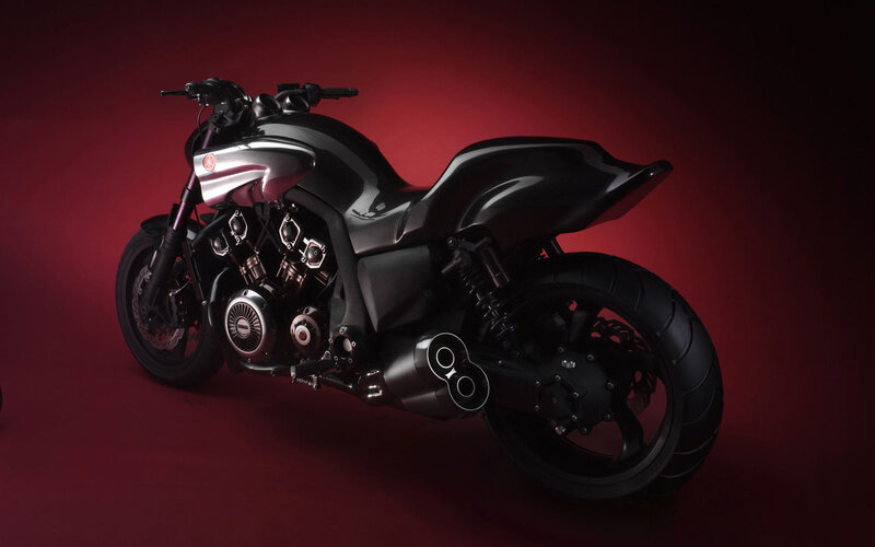 Black Custom Motorcycle — Dramatic, Photograph, Exhaust