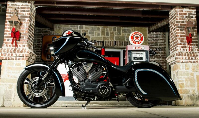 Black Custom Motorcycle — Dramatic, Photograph, Gas Pump