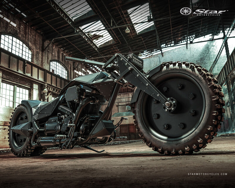 Black Custom Motorcycle — Dramatic, Photograph, Large Tires