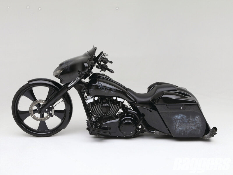 Black Custom Motorcycle — Dramatic, Photograph, Saddlebags