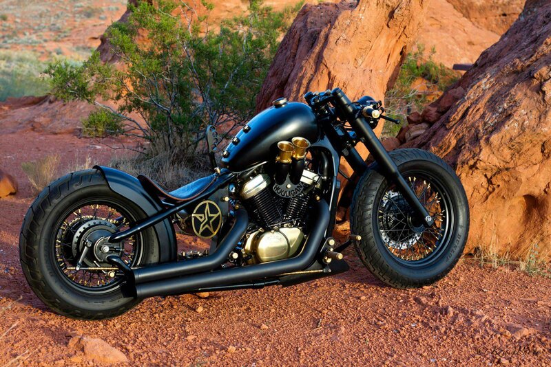 Black Custom Motorcycle — Dramatic, Sunset, Photograph