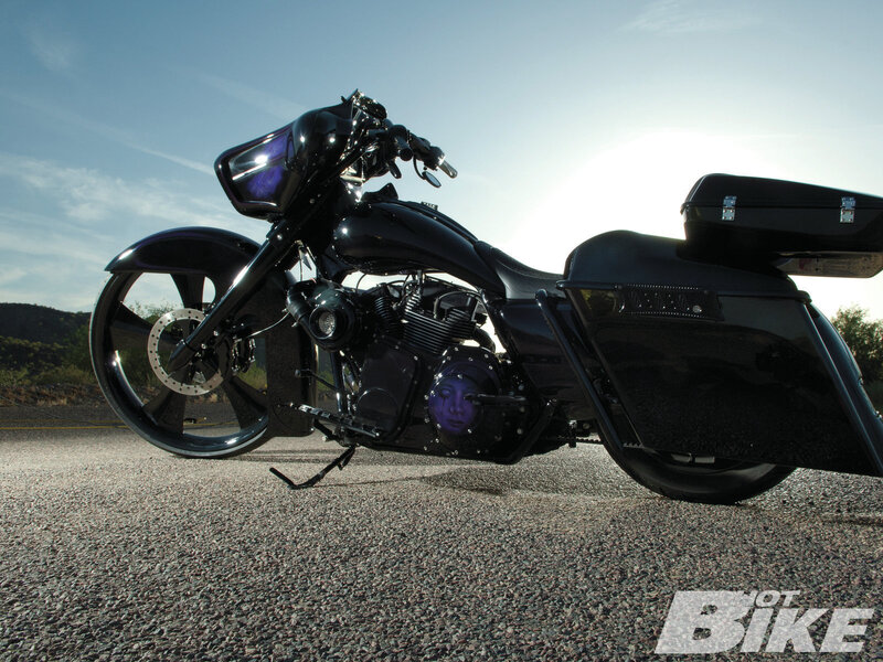 Black Custom Motorcycle — Dramatic, Sunset