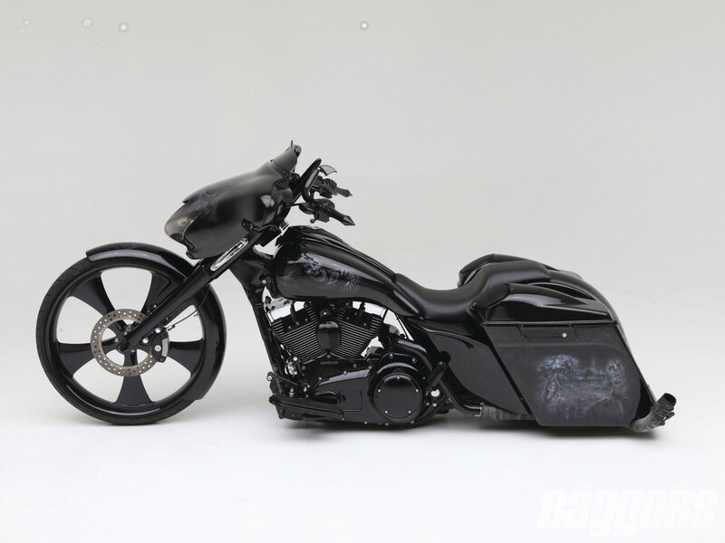 Black Custom Motorcycle — Neutral, Photograph, Saddlebags