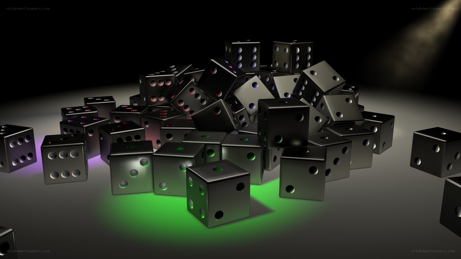 black dice pile under spotlights