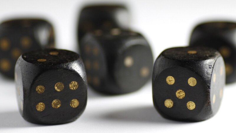 Black Dice with Gold Dots — Neutral, Photograph, White Surface