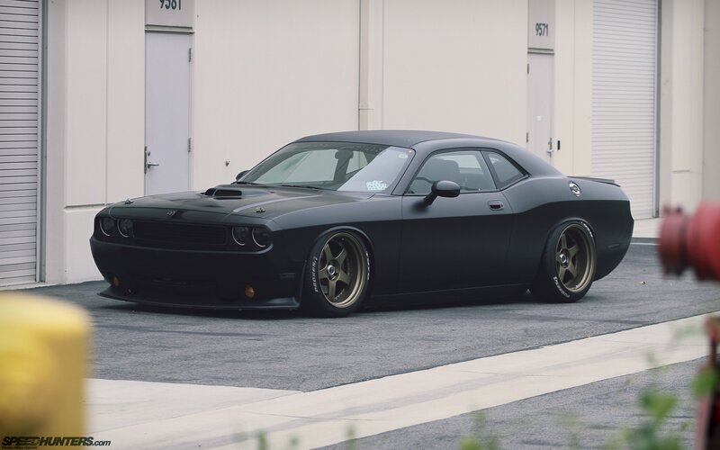 Black Dodge Challenger — Calm, Afternoon, Photograph, Building, Fire Hydrant, Concrete