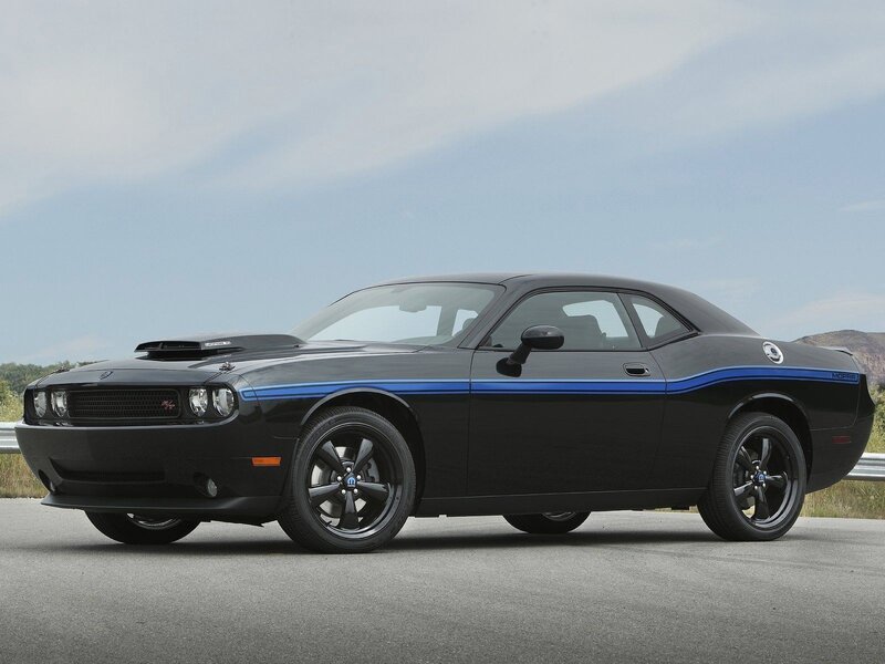 Black Dodge Challenger — Calm, Afternoon, Photograph, Car, Road, Mountains, Blue