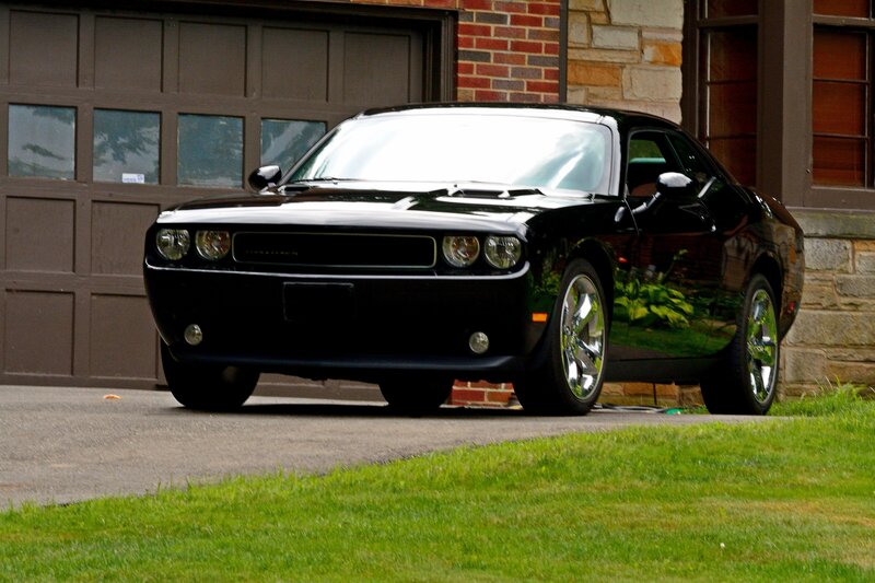 Black Dodge Challenger — Calm, Afternoon, Photograph, Garage Door