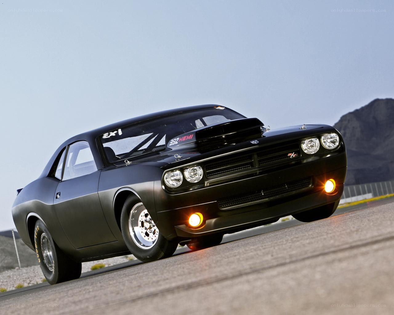 black dodge challenger drag car