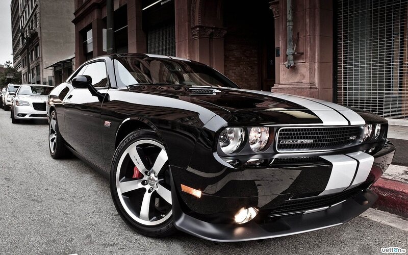 Black Dodge Challenger — Dramatic, Afternoon, Photograph, Car, Building, Street, White