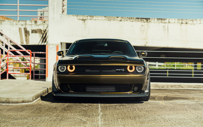Black Dodge Challenger — Dramatic, Afternoon, Photograph, Car, Concrete Parking Lot