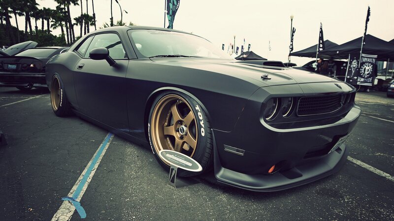Black Dodge Challenger — Dramatic, Afternoon, Photograph, Car, Tires, Palm Trees