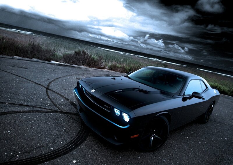 Black Dodge Challenger — Dramatic, Night, Photograph, Car, Road, Ocean