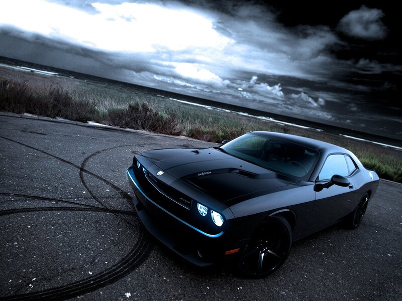 Black Dodge Challenger — Dramatic, Night, Photograph, Car, Road