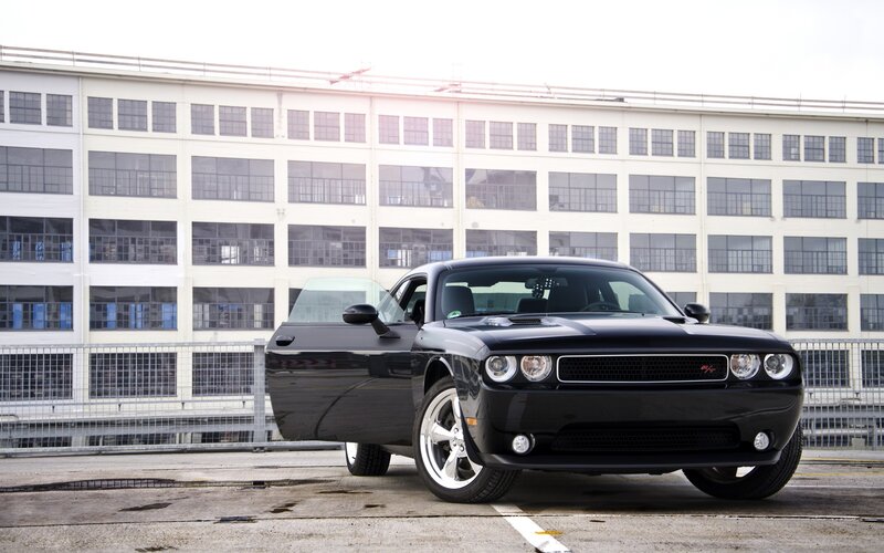 Black Dodge Challenger — Dramatic, Photograph, Building