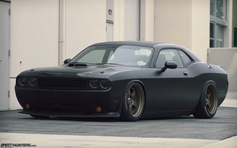 Black Dodge Challenger — Dramatic, Photograph, Car, Building, Tires