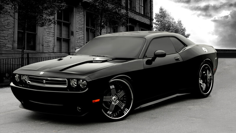 Black Dodge Challenger — Dramatic, Photograph, Car, Building, Tree