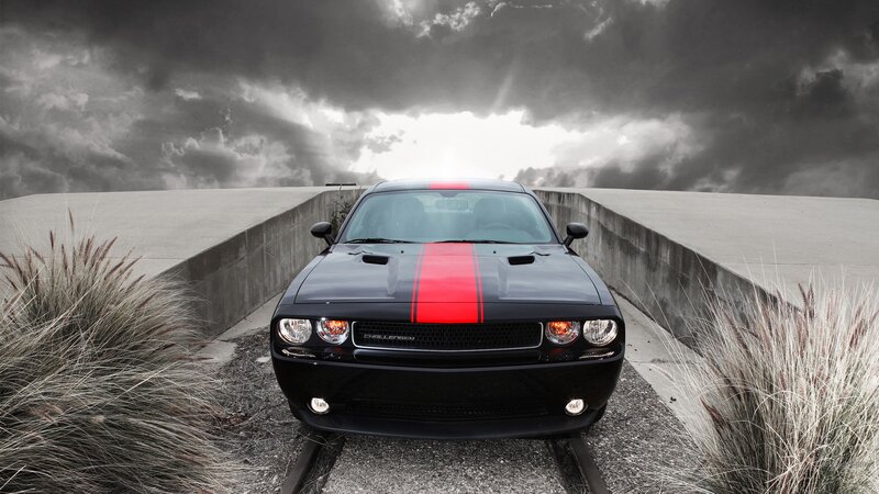 Black Dodge Challenger — Dramatic, Photograph, Car, Concrete Structure