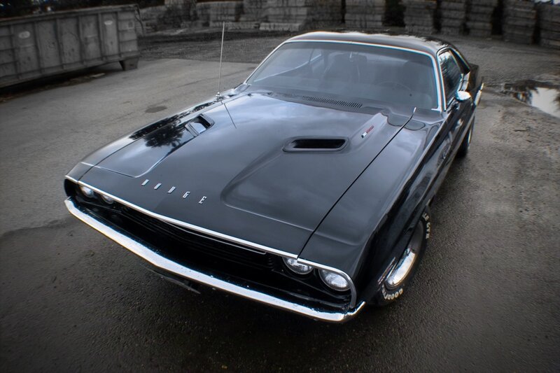Black Dodge Challenger — Dramatic, Photograph, Car, Road, Dumpster