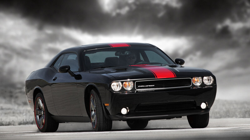 Black Dodge Challenger — Dramatic, Photograph, Car, Road, Sky