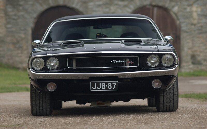 Black Dodge Challenger — Dramatic, Photograph, Car, Stone Wall